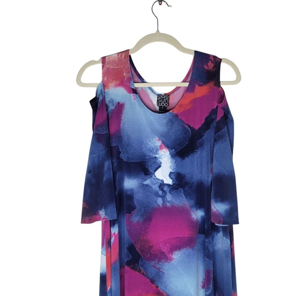Clara Sun Woo Dress L Watercolor Knit Cold Shoulder Stretch Comfy Art To Wear - Picture 4 of 7
